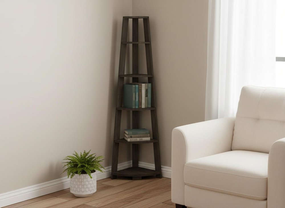 71" Oak Particle Board and Wood Five Tier Corner Bookcase HomeRoots