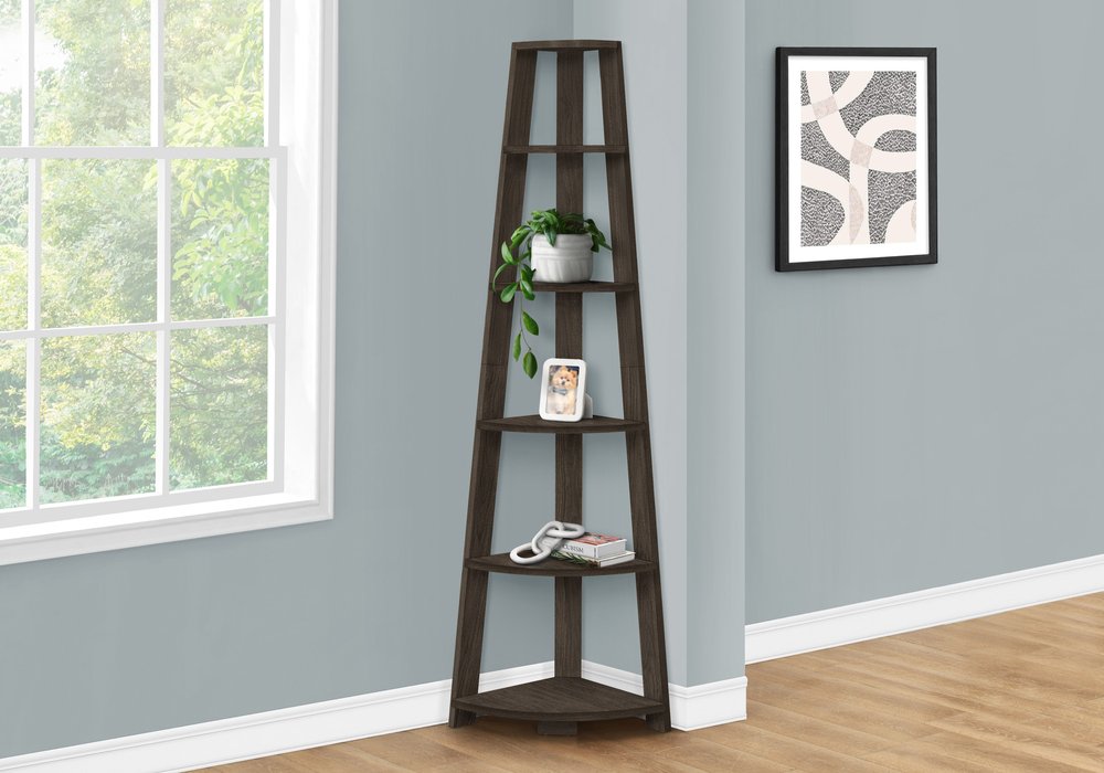 71" Oak Particle Board and Wood Five Tier Corner Bookcase HomeRoots