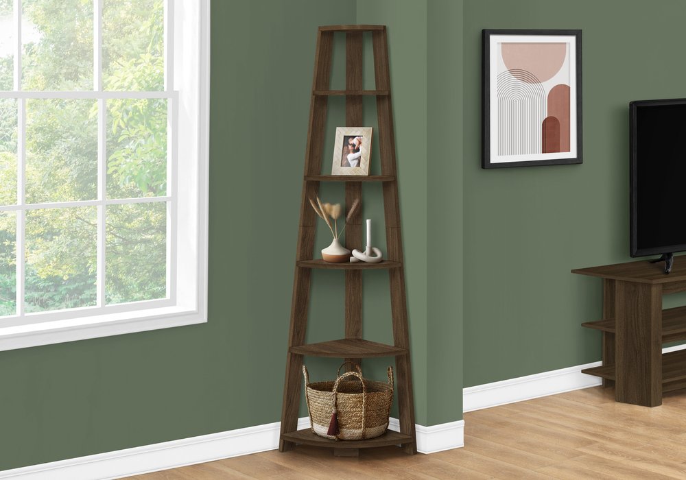 71" Dark Brown Wood Five Tier Corner Bookcase HomeRoots