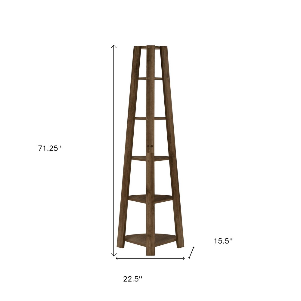 71" Dark Brown Wood Five Tier Corner Bookcase HomeRoots