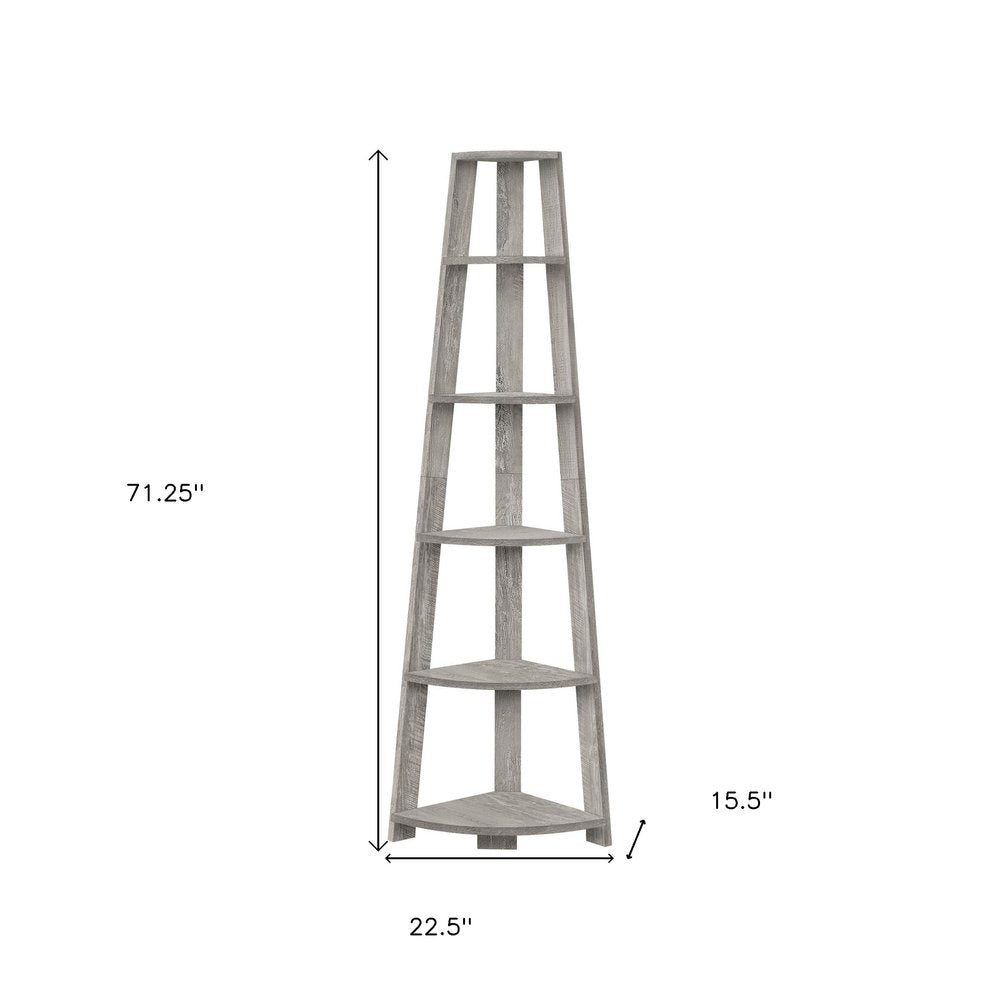 71" Gray Particle Board and Wood Five Tier Corner Bookcase — view 1