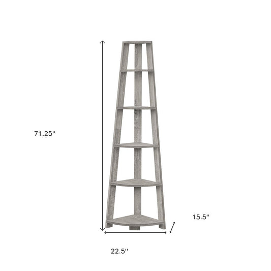 71" Gray Particle Board and Wood Five Tier Corner Bookcase