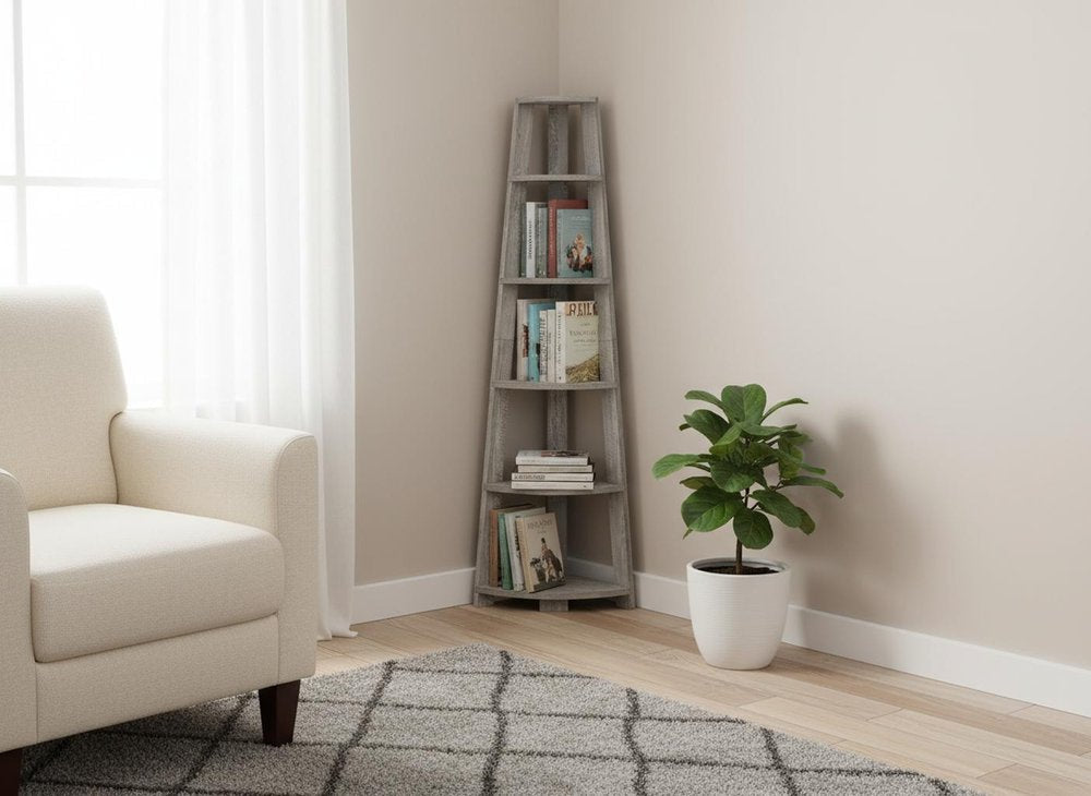 71" Gray Particle Board and Wood Five Tier Corner Bookcase — view 1