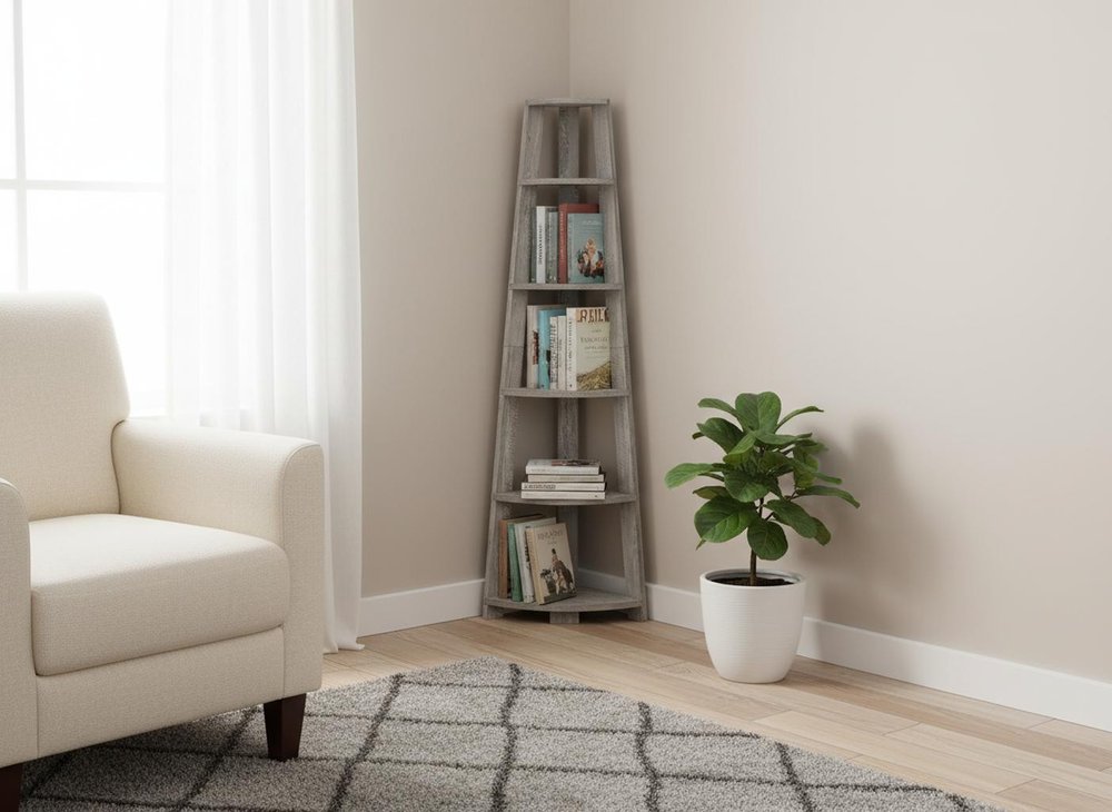 71" Gray Particle Board and Wood Five Tier Corner Bookcase — view 8