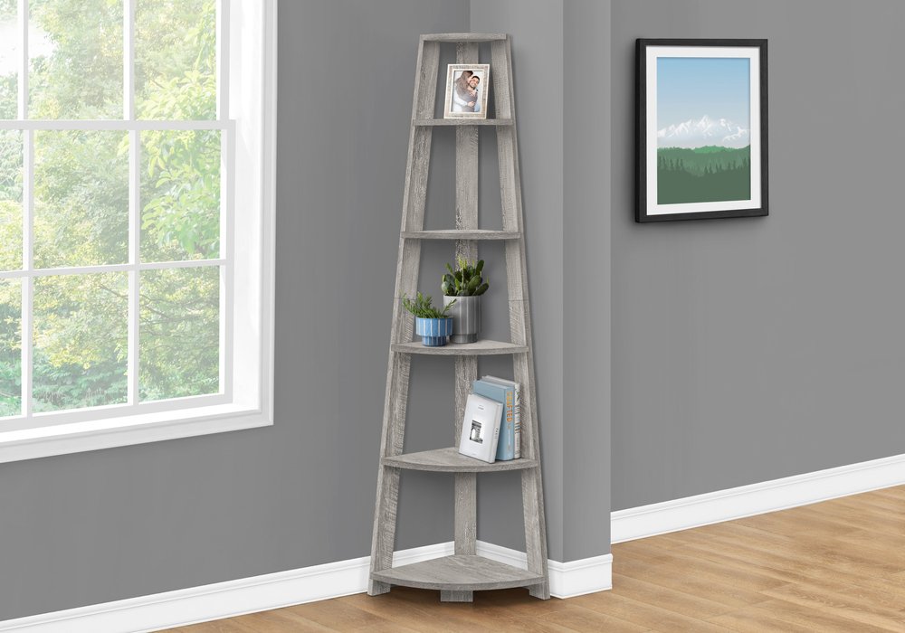 71" Gray Particle Board and Wood Five Tier Corner Bookcase — view 3