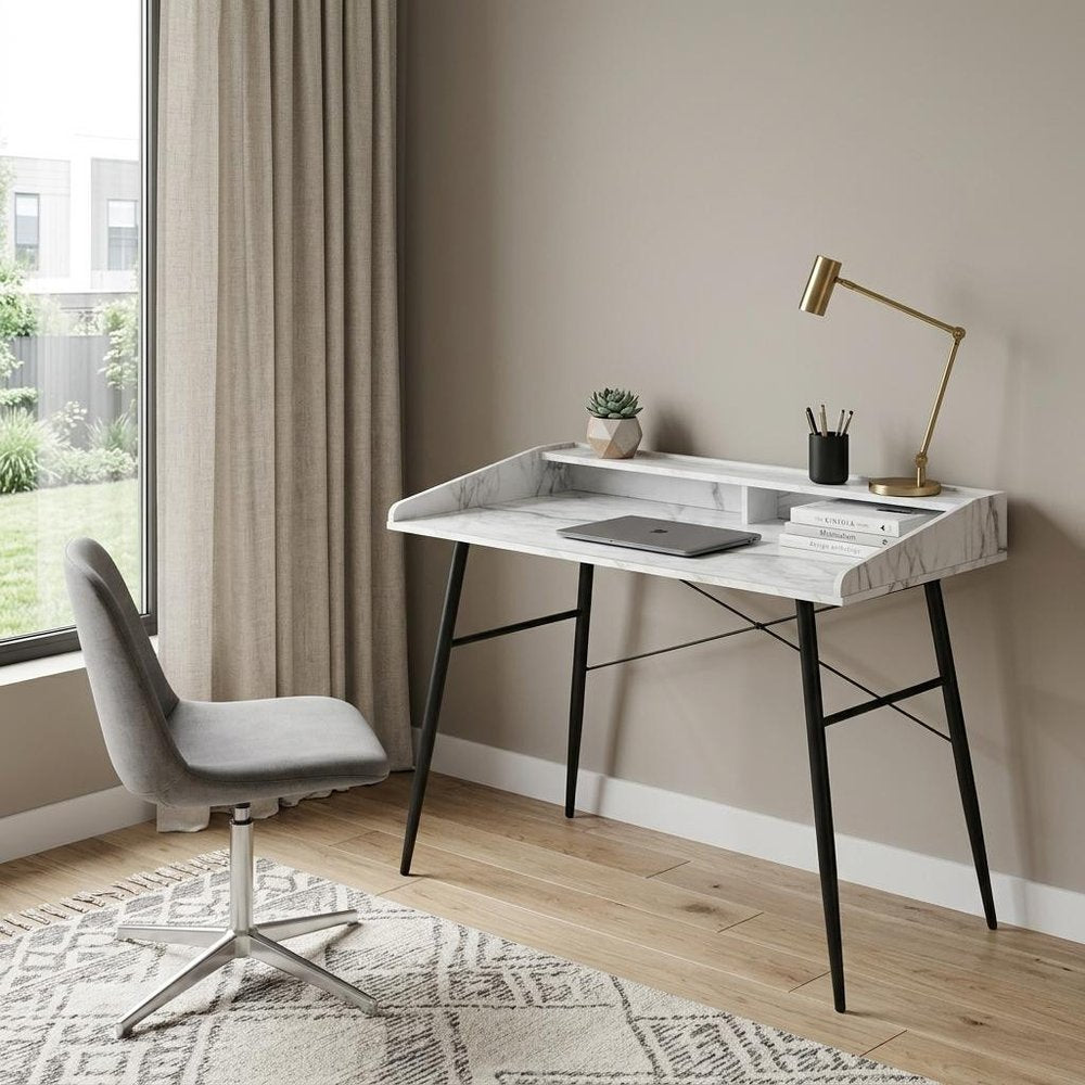 47" White and Black Faux Marble Wood and Iron Parsons Writing Desk HomeRoots