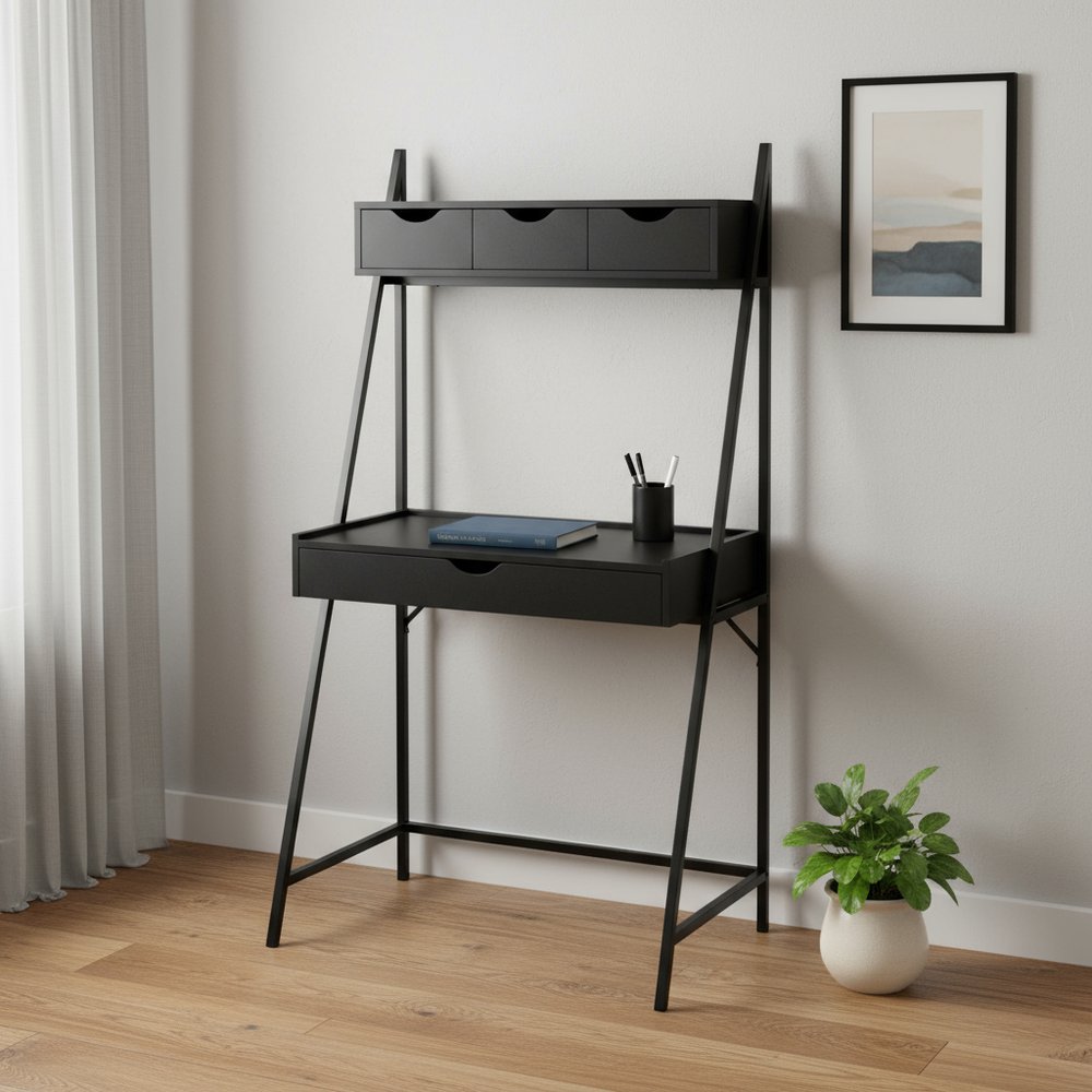32" Black Computer Desk With Four Drawers HomeRoots