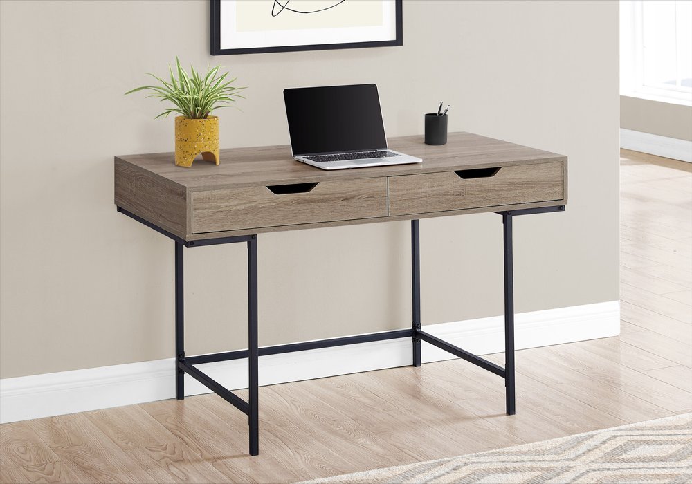 47" Taupe and Black Wood and Metal H-Shape Computer Desk With Two Drawers — view 1