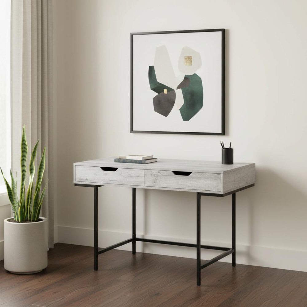 47" Gray and Black Wood and Metal H-Shape Computer Desk With Two Drawers — view 1