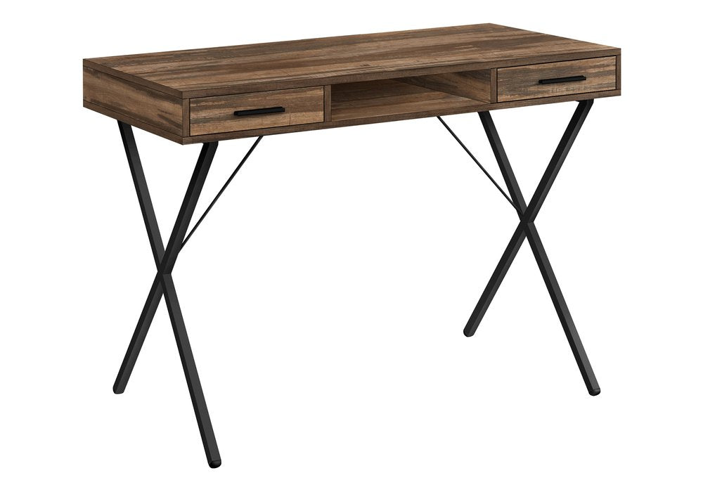 42" Brown and Black Wood and Metal x-Shape Computer Desk With Two Drawers HomeRoots