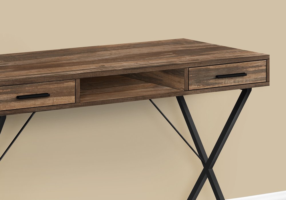 42" Brown and Black Wood and Metal x-Shape Computer Desk With Two Drawers — view 6