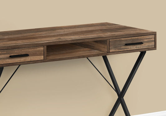 42" Brown and Black Wood and Metal x-Shape Computer Desk With Two Drawers