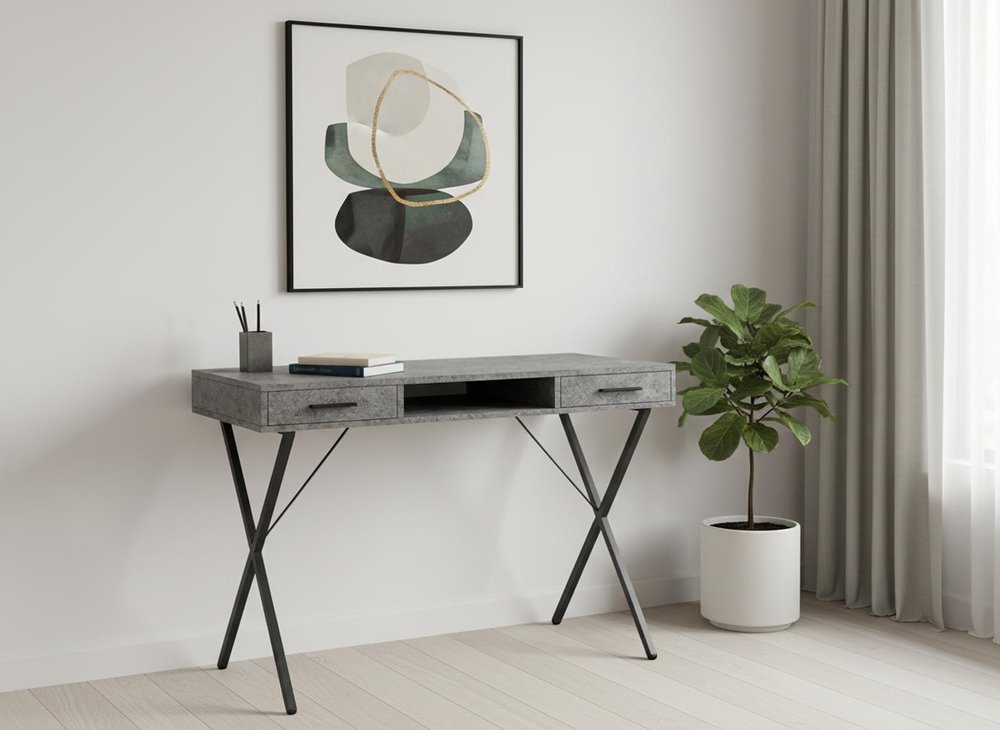42" Gray and Black Wood and Metal x-Shape Computer Desk With Two Drawers HomeRoots