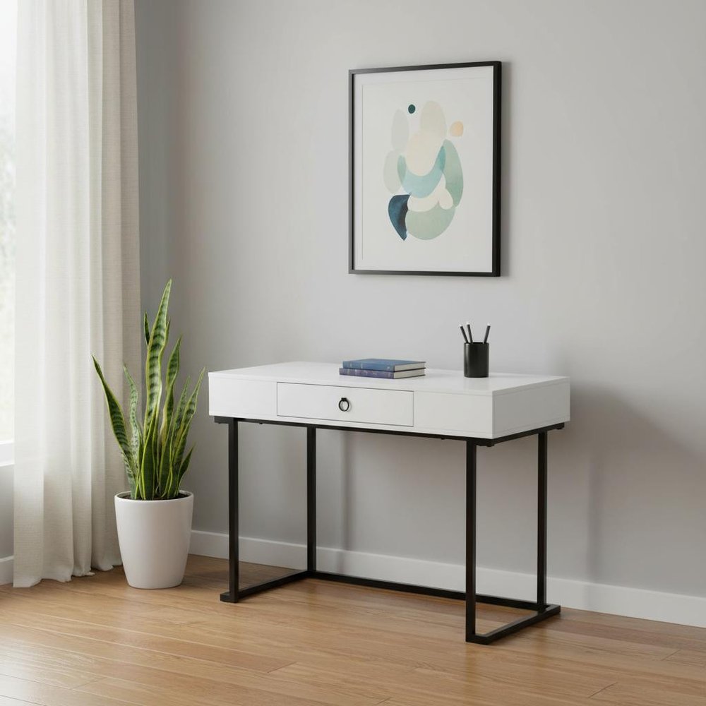 42" White and Black Wood and Metal Sled Computer Desk — view 1