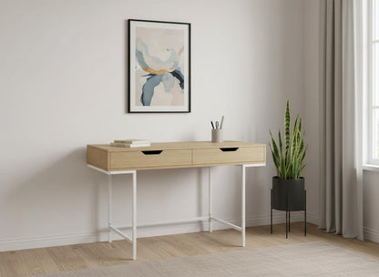 47" Natural and White Wood and Metal H-Shape Computer Desk With Two Drawers HomeRoots