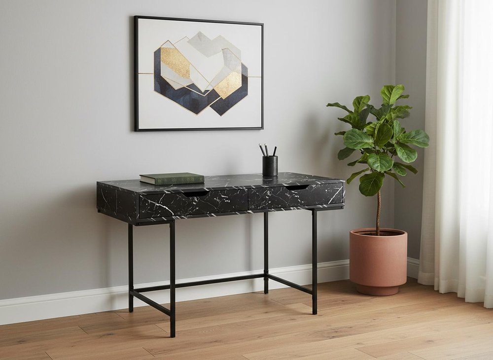 47" Black and White Wood and Metal H-Shape Computer Desk With Two Drawers — view 6