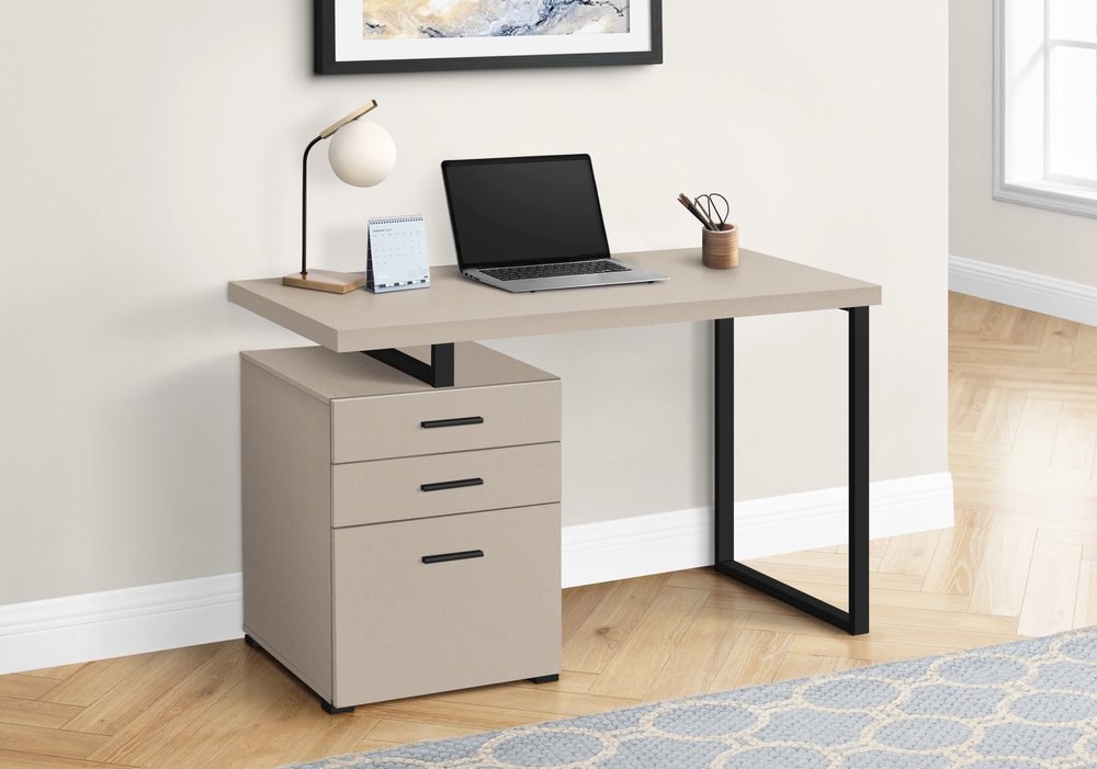 47" Taupe and Black Wood and Metal Sled Computer Desk With Three Drawers HomeRoots