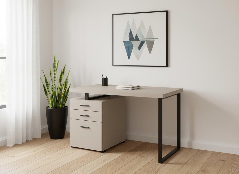 47" Taupe and Black Wood and Metal Sled Computer Desk With Three Drawers — view 1