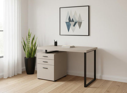 47" Taupe and Black Wood and Metal Sled Computer Desk With Three Drawers HomeRoots