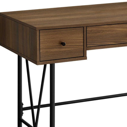 47" Walnut And Black Wood And Iron Sled Computer Desk With And Three Drawers HomeRoots