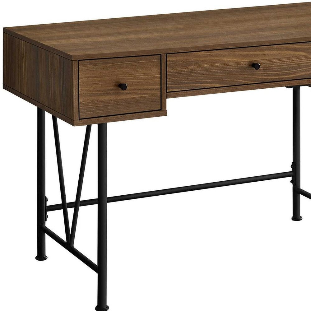 47" Walnut And Black Wood And Iron Sled Computer Desk With And Three Drawers HomeRoots