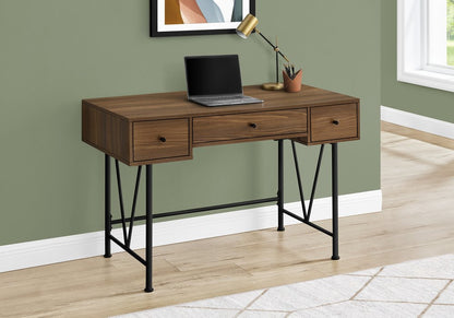 47" Walnut And Black Wood And Iron Sled Computer Desk With And Three Drawers