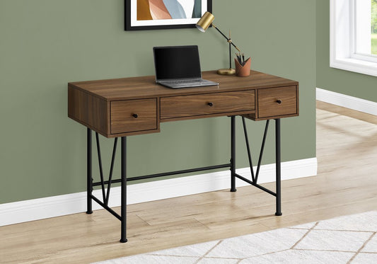 47" Walnut And Black Wood And Iron Sled Computer Desk With And Three Drawers