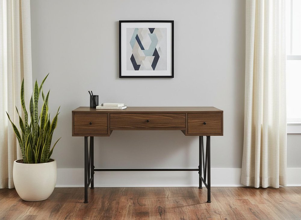 47" Walnut And Black Wood And Iron Sled Computer Desk With And Three Drawers
