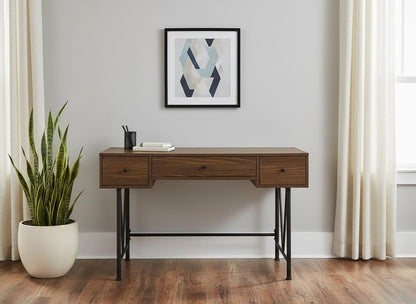 47" Walnut And Black Wood And Iron Sled Computer Desk With And Three Drawers HomeRoots