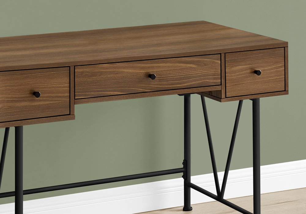 47" Walnut And Black Wood And Iron Sled Computer Desk With And Three Drawers — view 2
