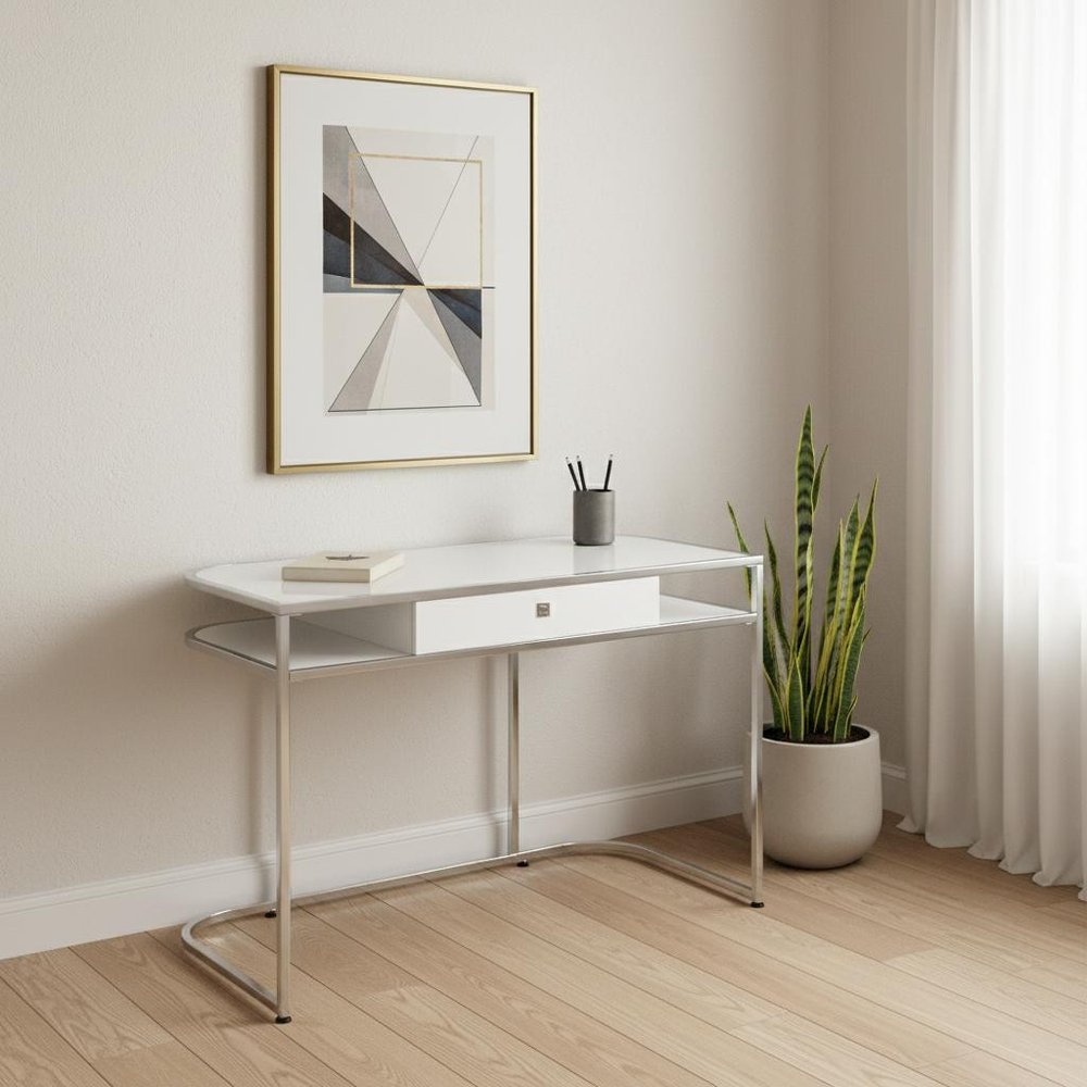 47" White and Silver Wood and Metal Sled Computer Desk — view 10