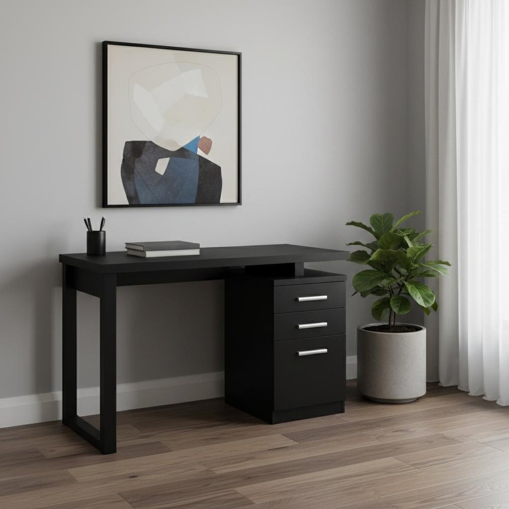 47" Black Computer Desk With Three Drawers HomeRoots