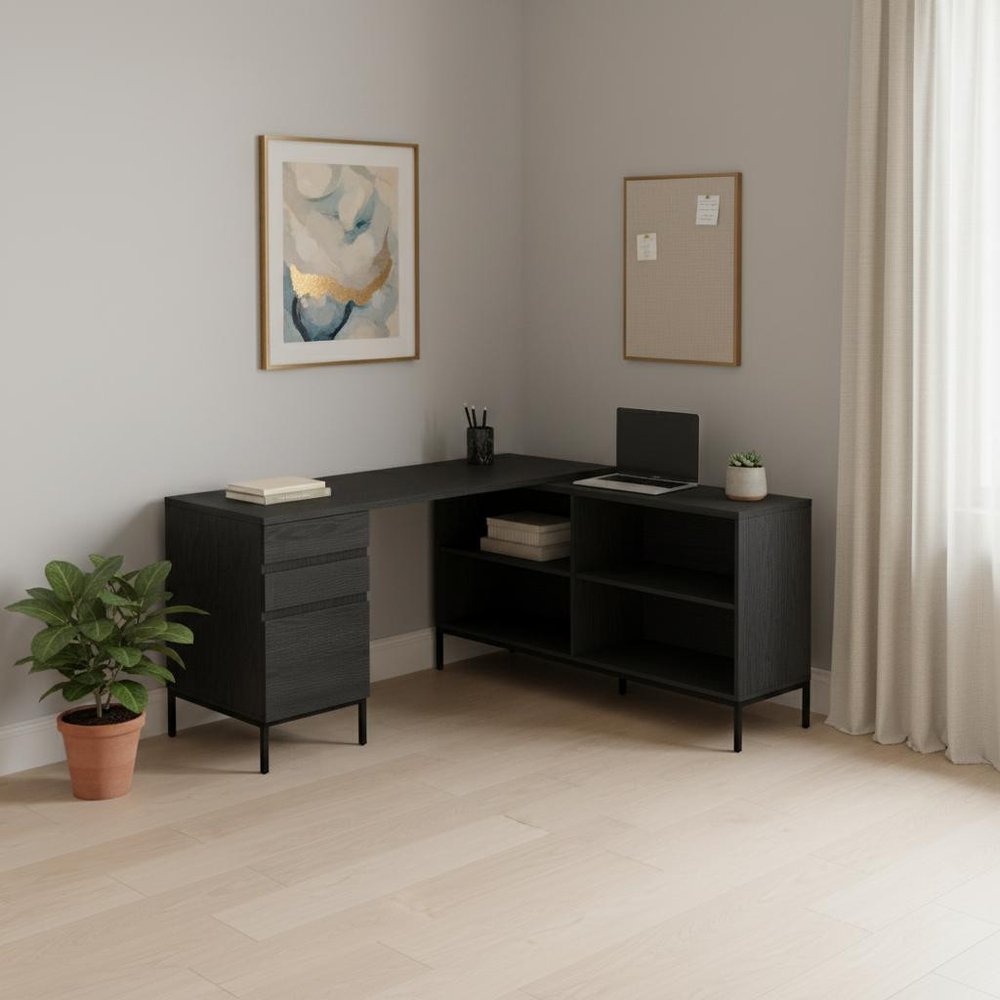 60" Black L Shape Computer Desk With Three Drawers HomeRoots