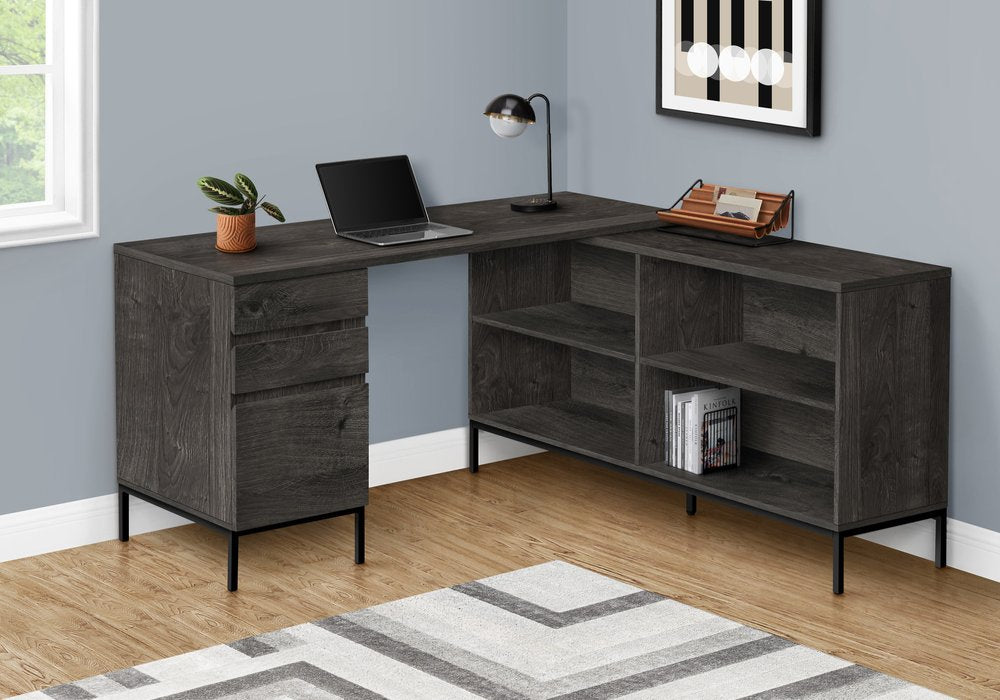 60" Gray and Black L Shape Computer Desk With Three Drawers HomeRoots
