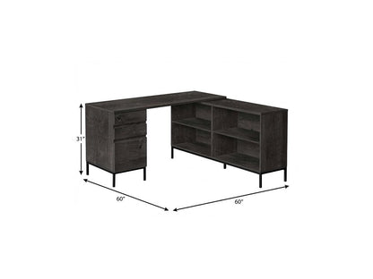 60" Gray and Black L Shape Computer Desk With Three Drawers HomeRoots