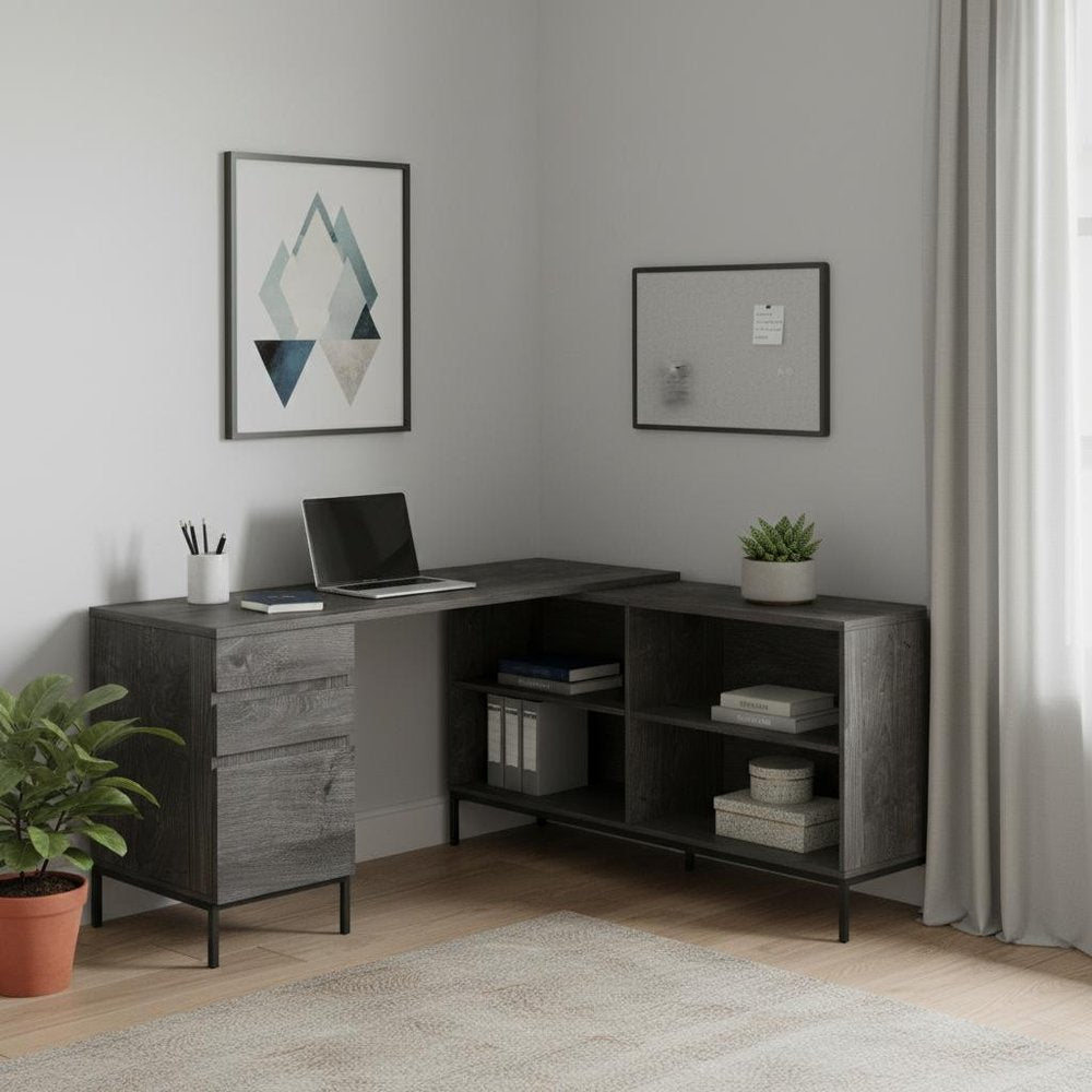60" Gray and Black L Shape Computer Desk With Three Drawers HomeRoots
