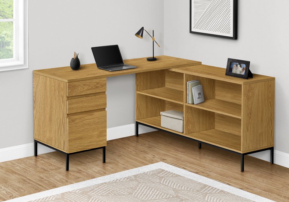 60" Brown and Black L Shape Computer Desk With Three Drawers HomeRoots