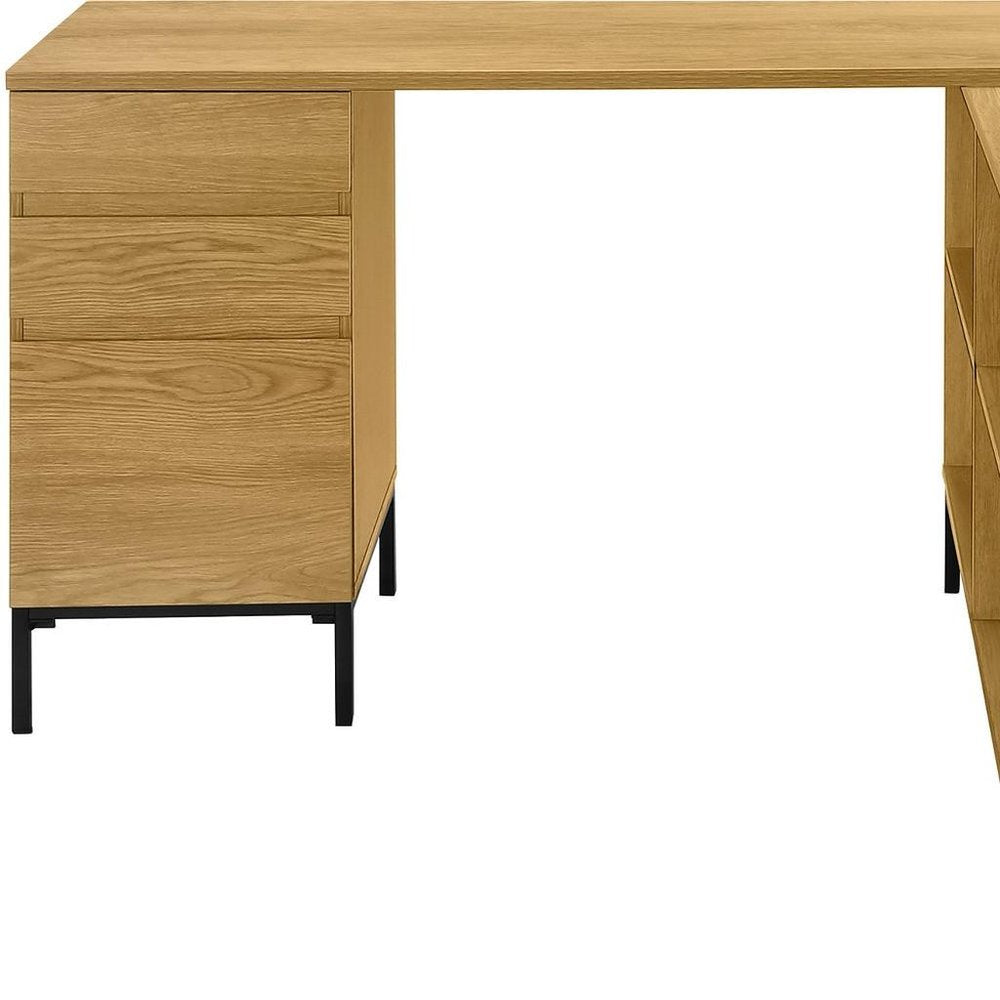 60" Brown and Black L Shape Computer Desk With Three Drawers HomeRoots