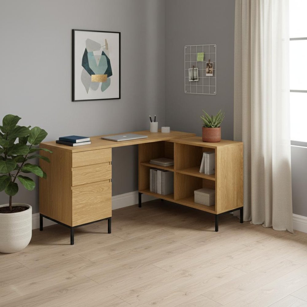 60" Brown and Black L Shape Computer Desk With Three Drawers HomeRoots