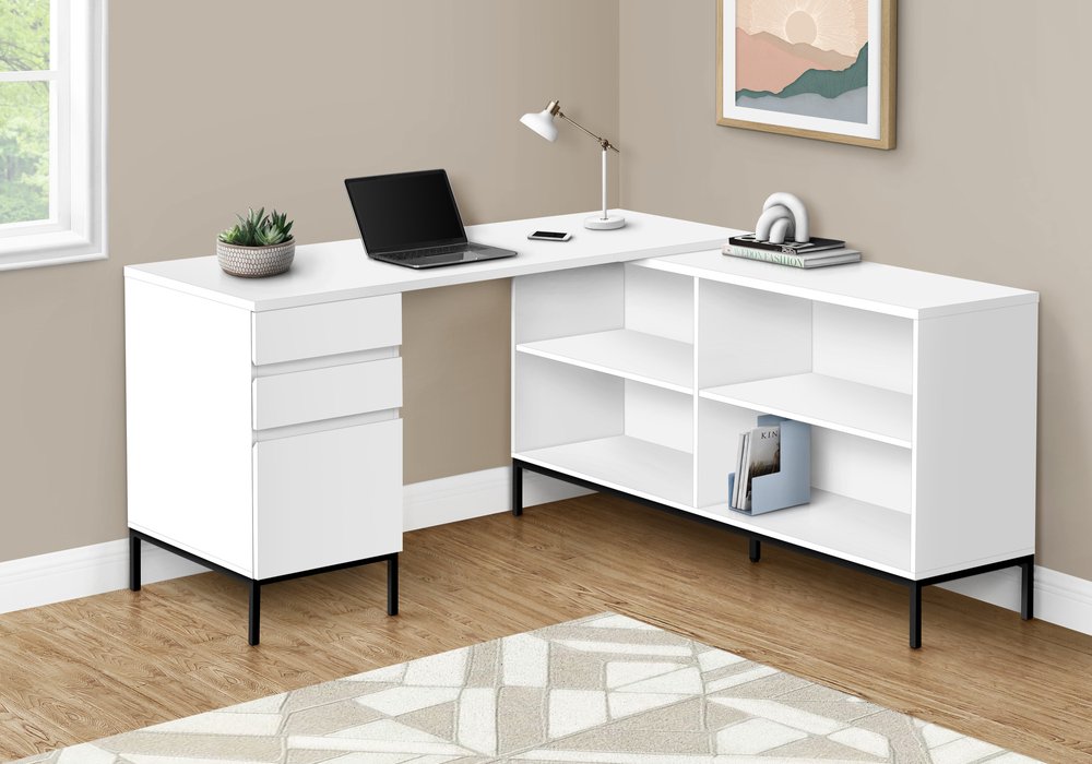 60" White and Black L Shape Computer Desk With Three Drawers HomeRoots