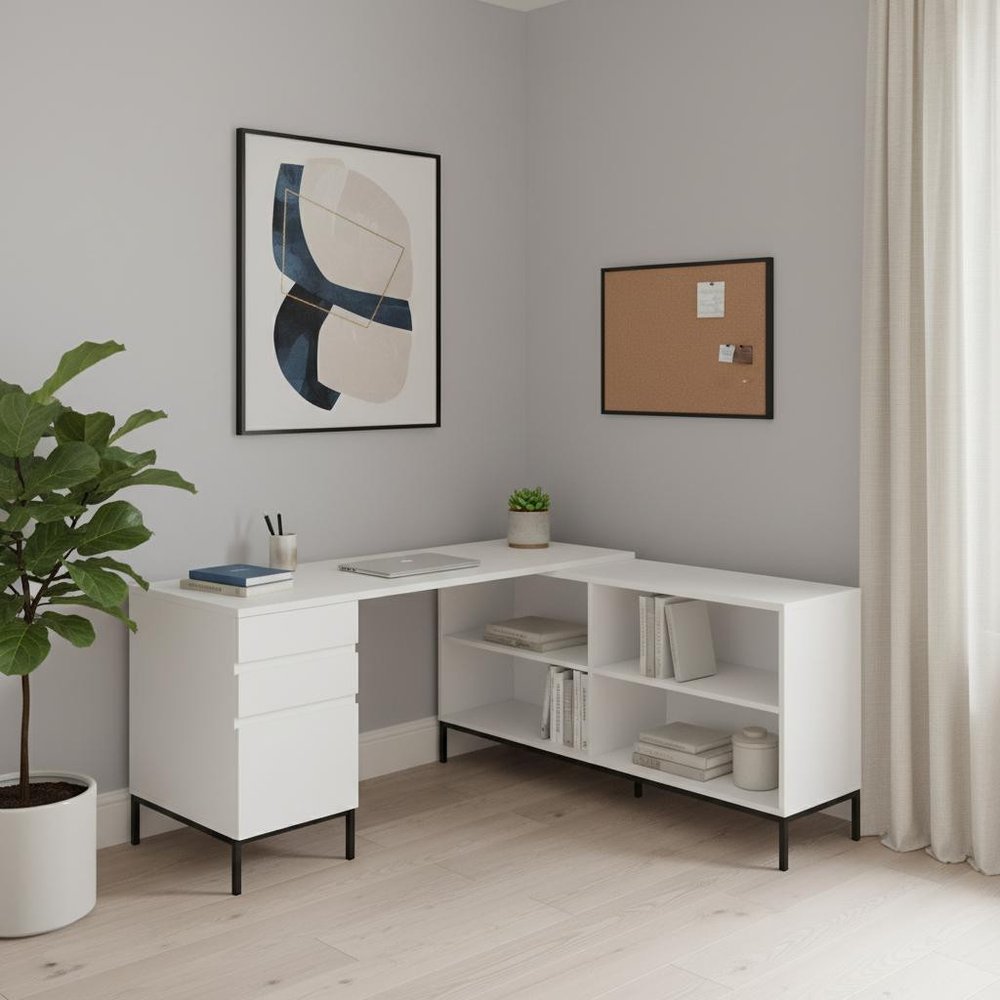 60" White and Black L Shape Computer Desk With Three Drawers HomeRoots