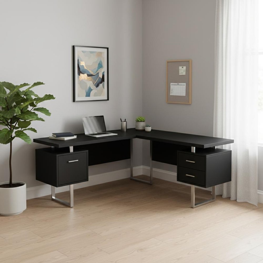 71" Black and Gray L Shape Computer Desk With Three Drawers HomeRoots
