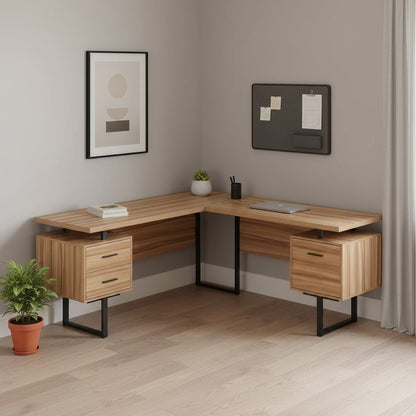 71" Brown and Black L Shape Computer Desk With Three Drawers HomeRoots