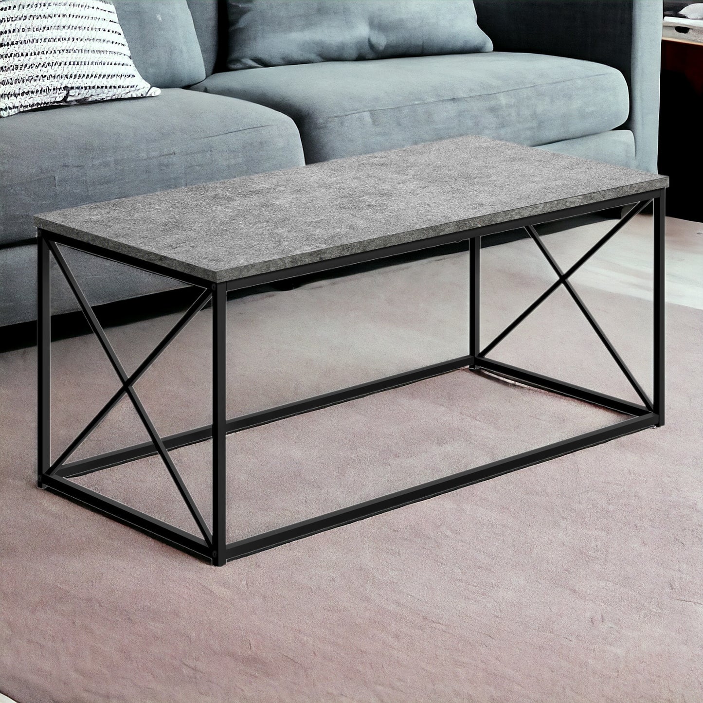 41" Gray And Black Wood And Metal Coffee Table