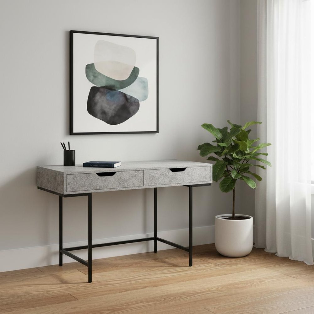 47" Gray and Black Wood and Metal H-Shape Computer Desk With Two Drawers HomeRoots