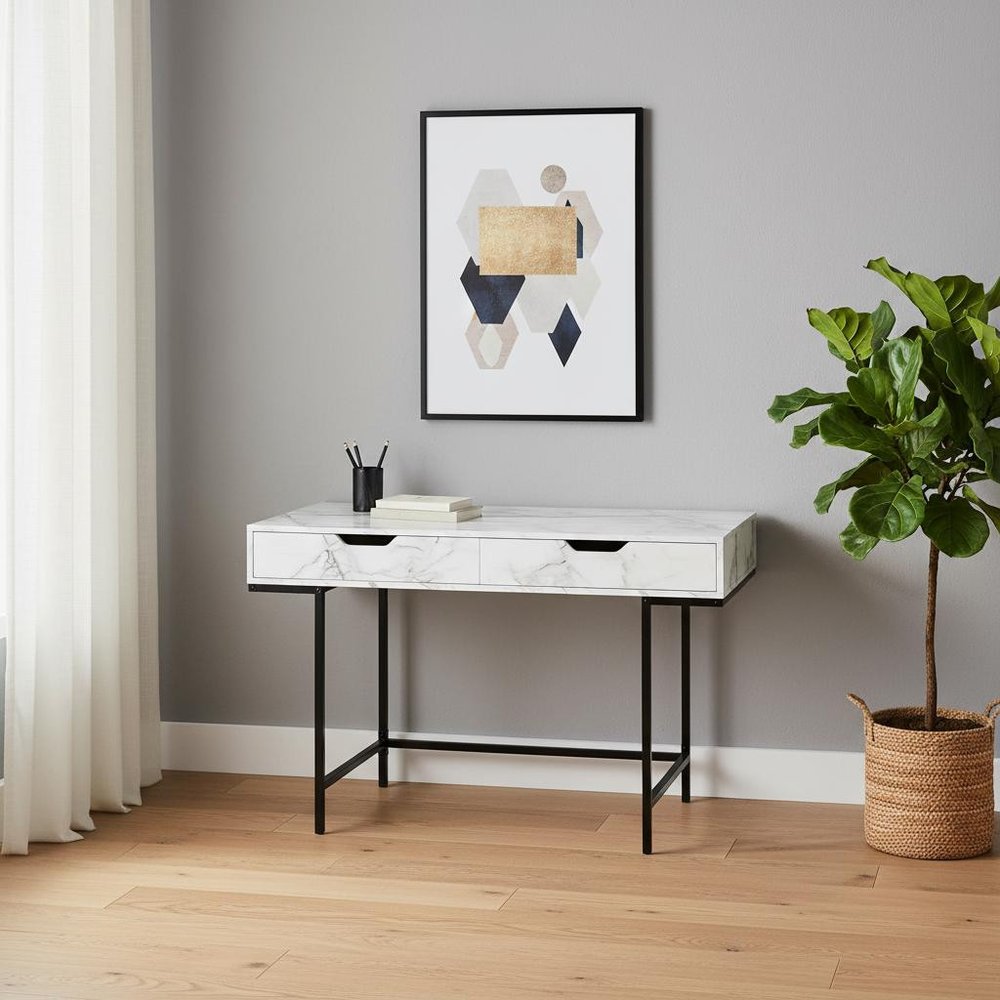 47" White and Black Wood and Metal H-Shape Computer Desk With Two Drawers — view 12