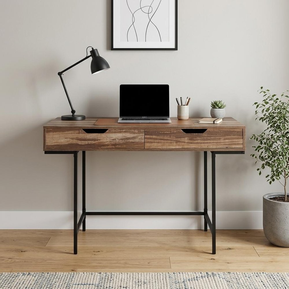 47" Brown and Black Wood and Metal H-Shape Computer Desk With Two Drawers HomeRoots
