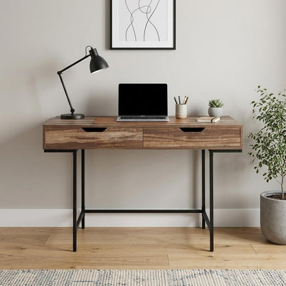 47" Brown and Black Wood and Metal H-Shape Computer Desk With Two Drawers HomeRoots