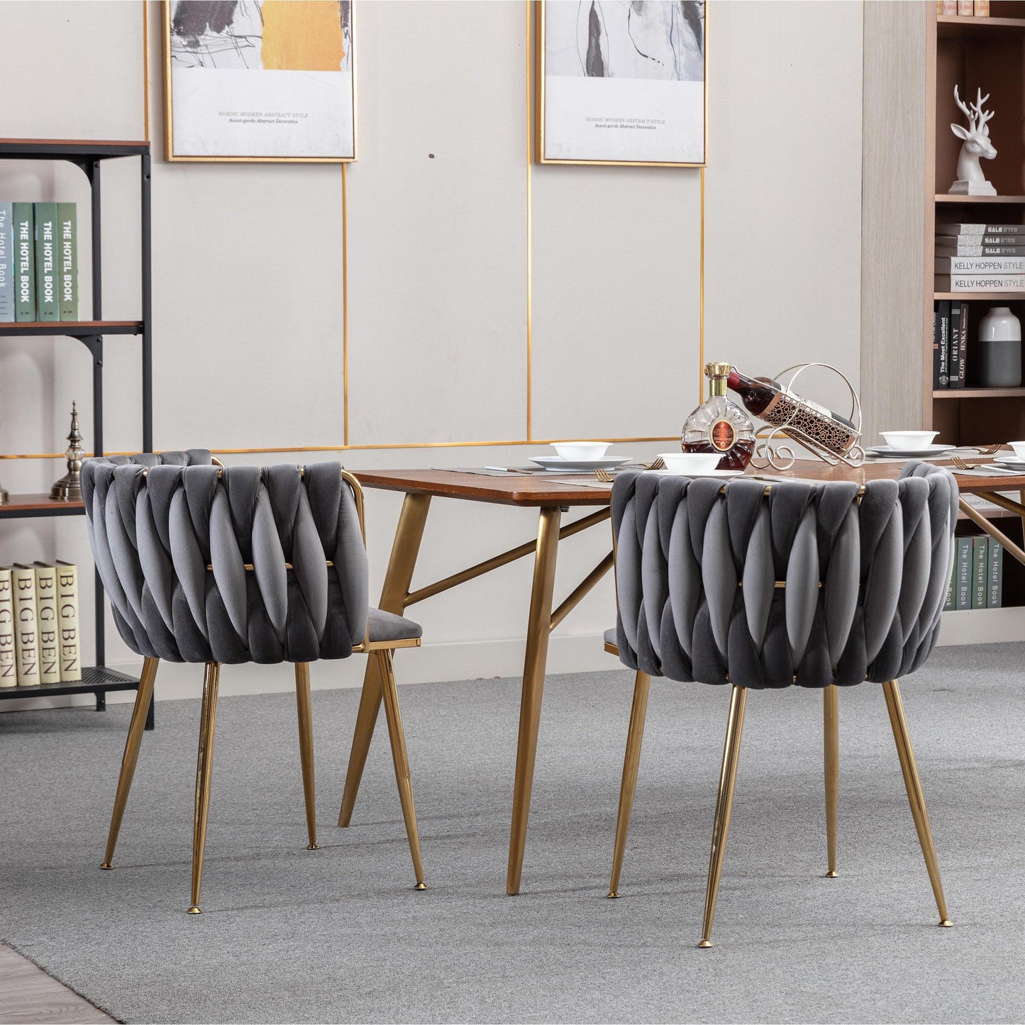 Modern Design Golden Metal Frame Velvet Fabric Dining Chair with Golden Legs Set of 2 Grey - FurniFindUSA