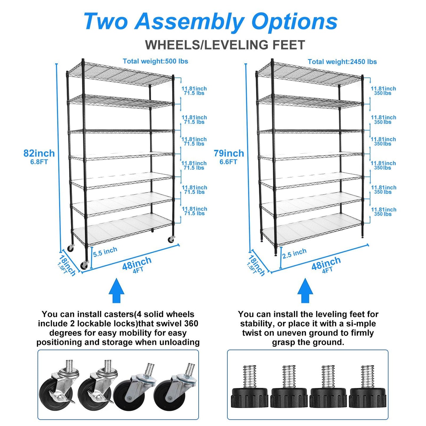 7 Tier Wire Shelving Unit 2450 LBS NSF Height Adjustable Metal Garage Storage Shelves with Wheels Black - FurniFindUSA